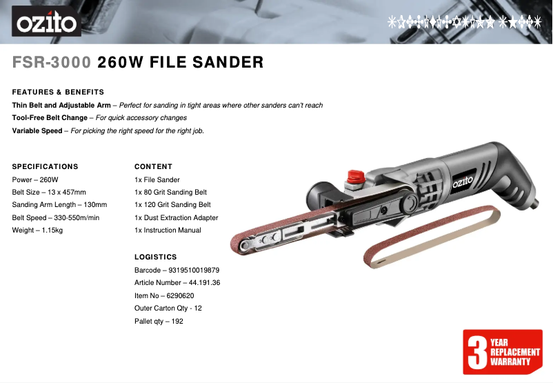 Page 1 de la notice Fiche technique Ozito FSR-3000