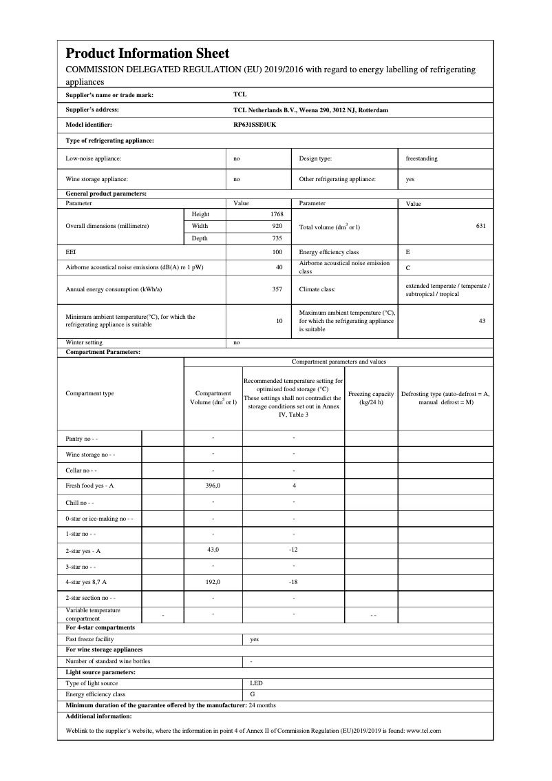 Page 1 of the manual Technical Sheet TCL RP631SSE0UK