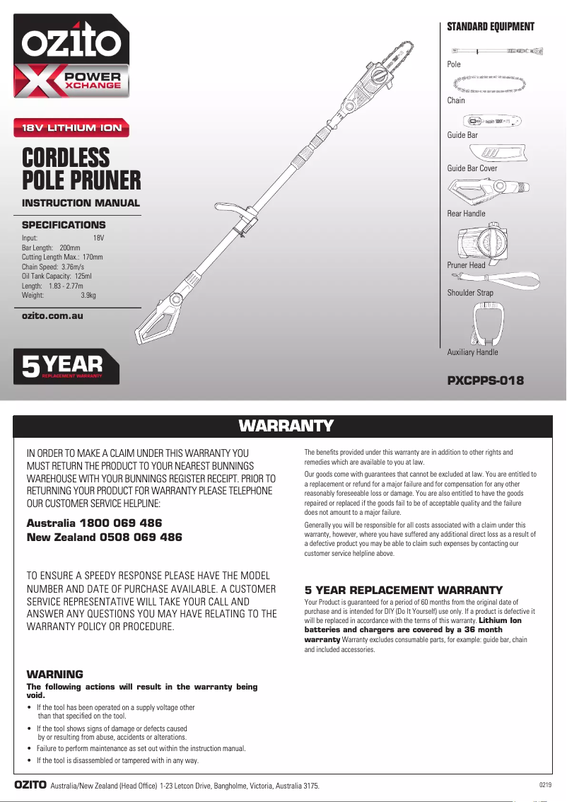 Page 1 de la notice Manuel utilisateur Ozito PXCPPS-018