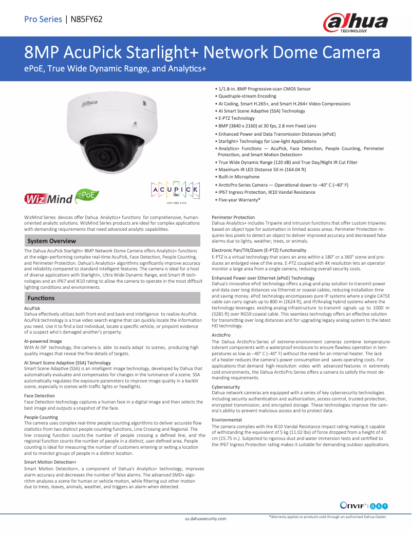 Page 1 de la notice Fiche technique Dahua Technology N85FY62