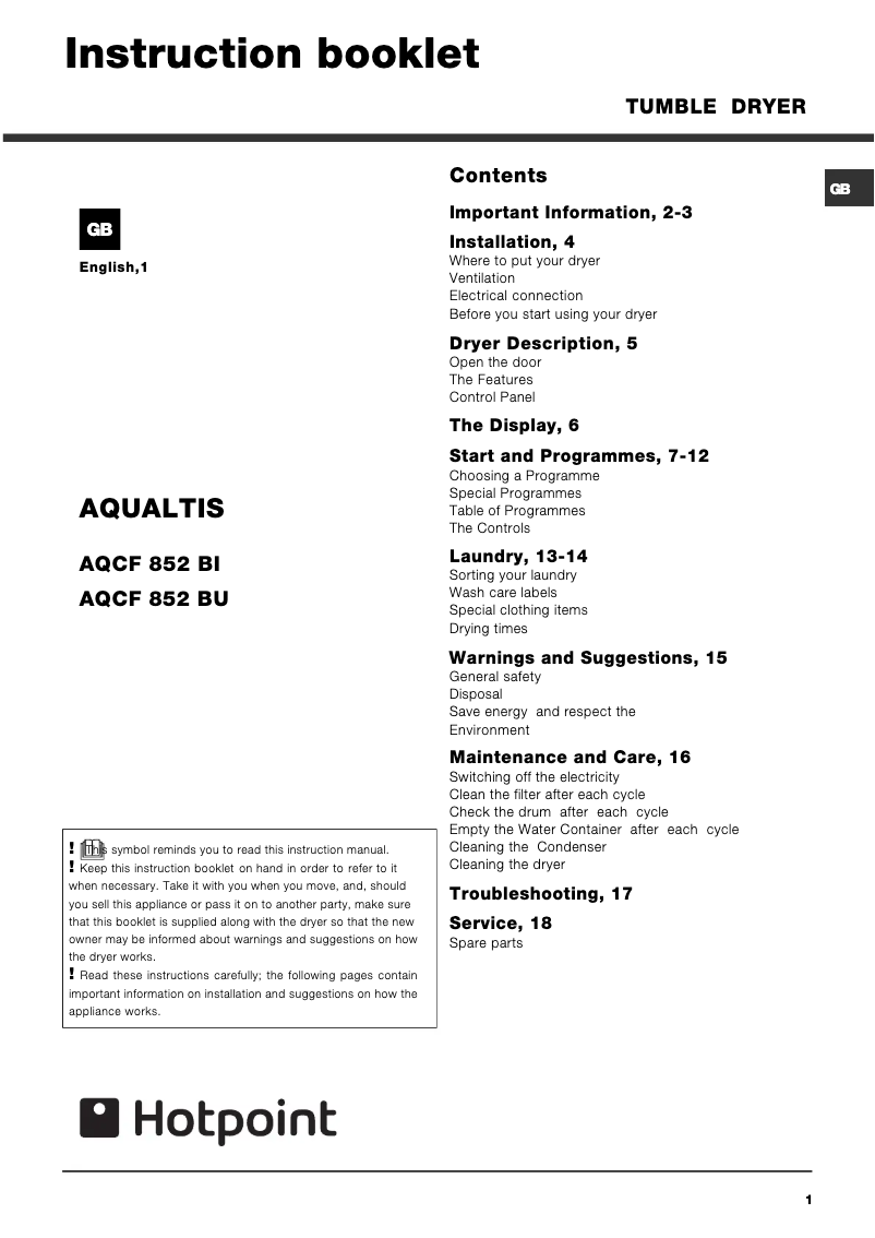 Page 1 de la notice Manuel utilisateur Hotpoint AQCF 852 B U