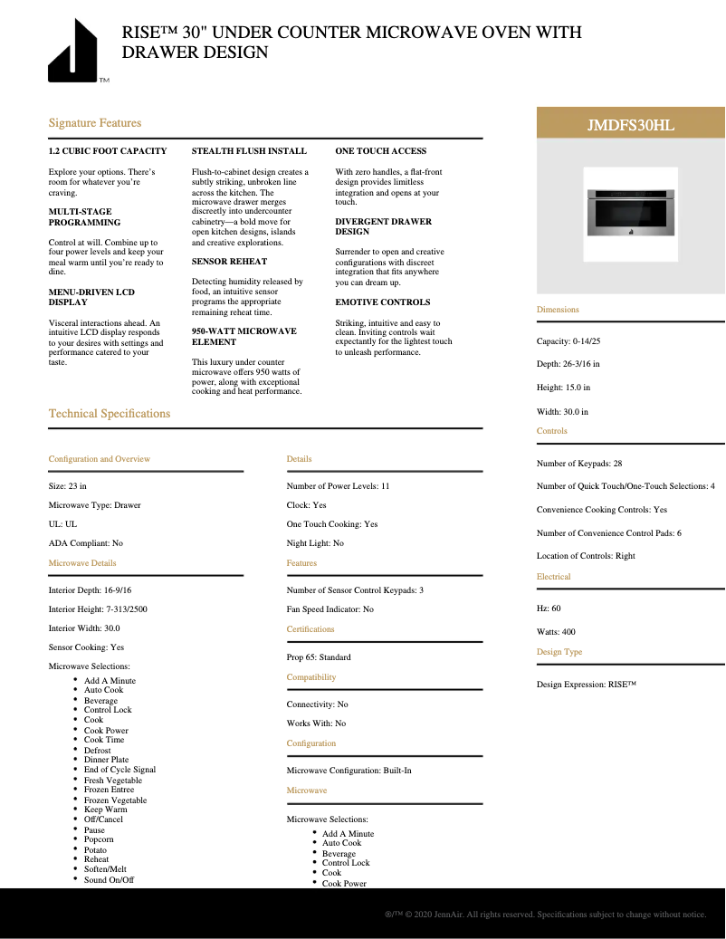 Page 1 de la notice Fiche technique KitchenAid JMDFS30HL