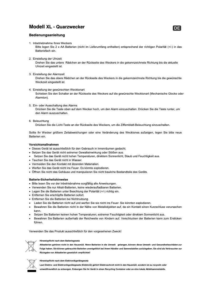 Page 1 de la notice Manuel utilisateur Techno Line Geneva XL