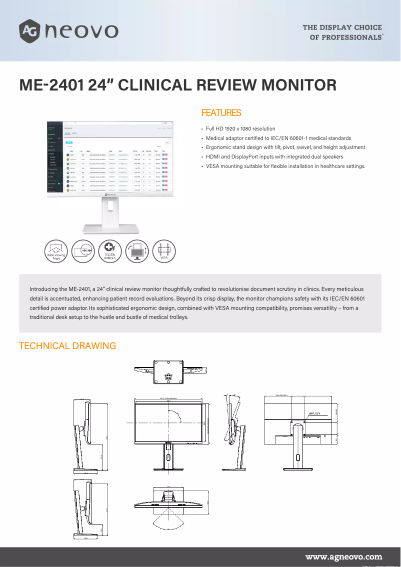 Página 1 del manual Ficha técnica AG Neovo ME-2401