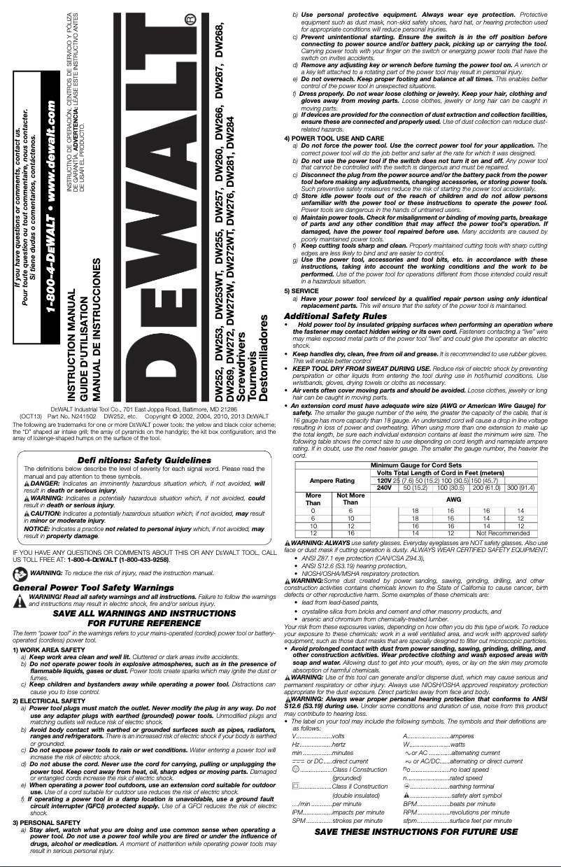 Page 1 de la notice Manuel utilisateur DeWalt DW272WT