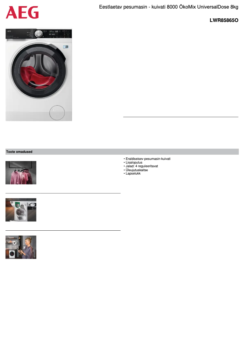 Page 1 de la notice Fiche technique AEG LWR85865O