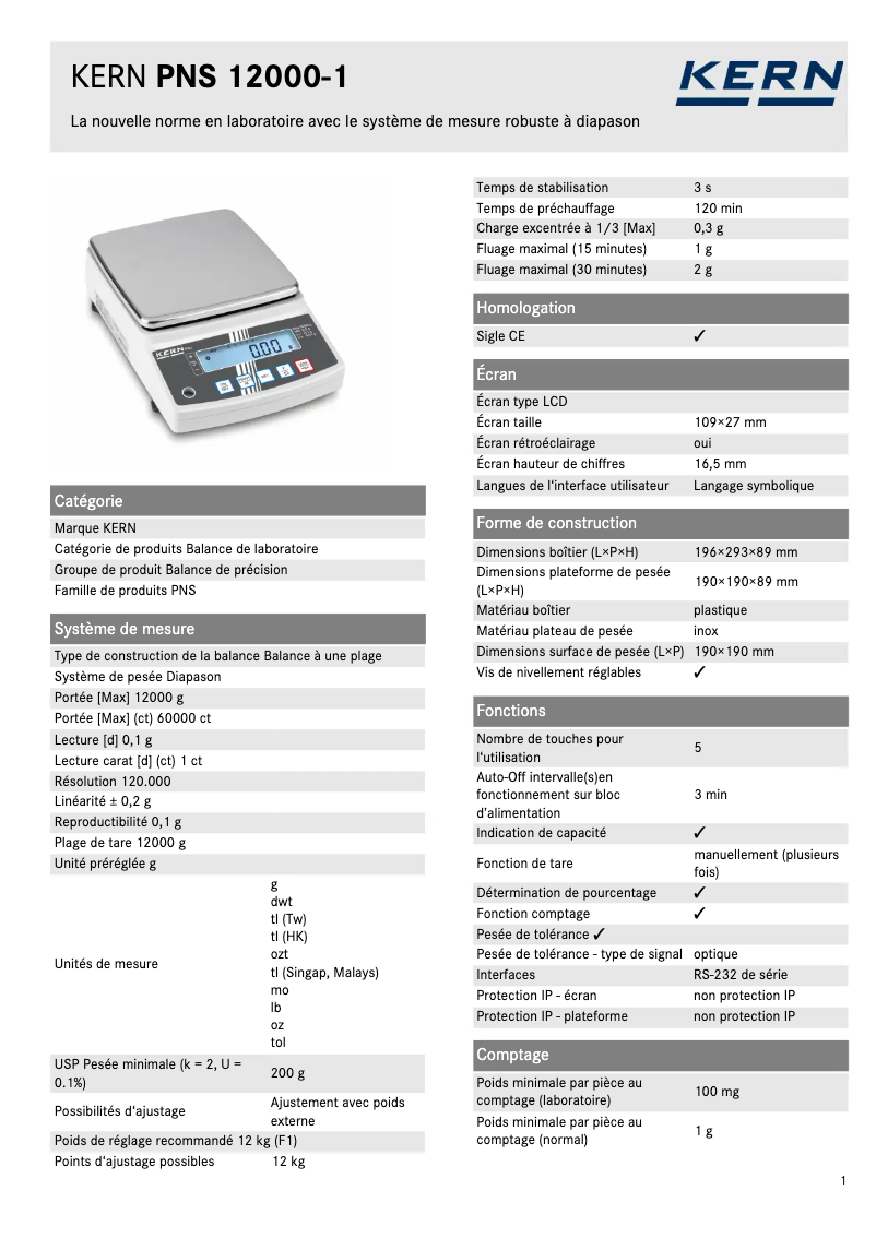 Page 1 de la notice Fiche technique Kern PNS 12000-1