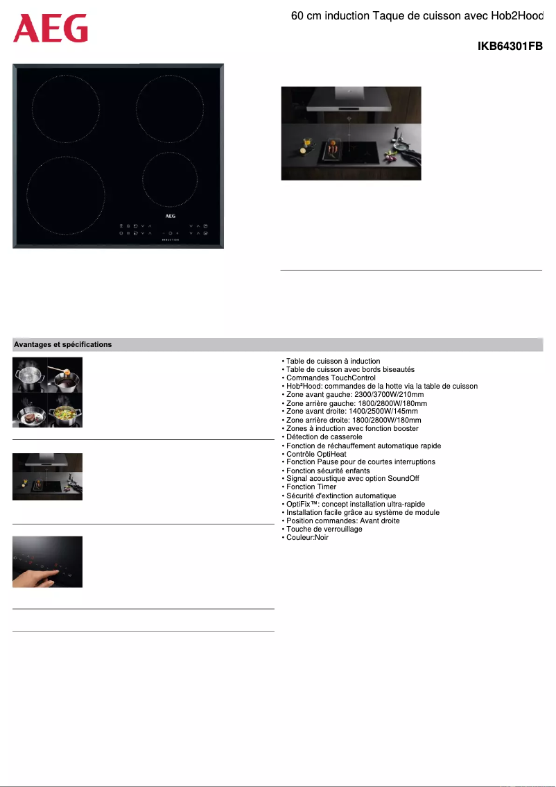 Page 1 de la notice Fiche technique AEG IKB64301FB