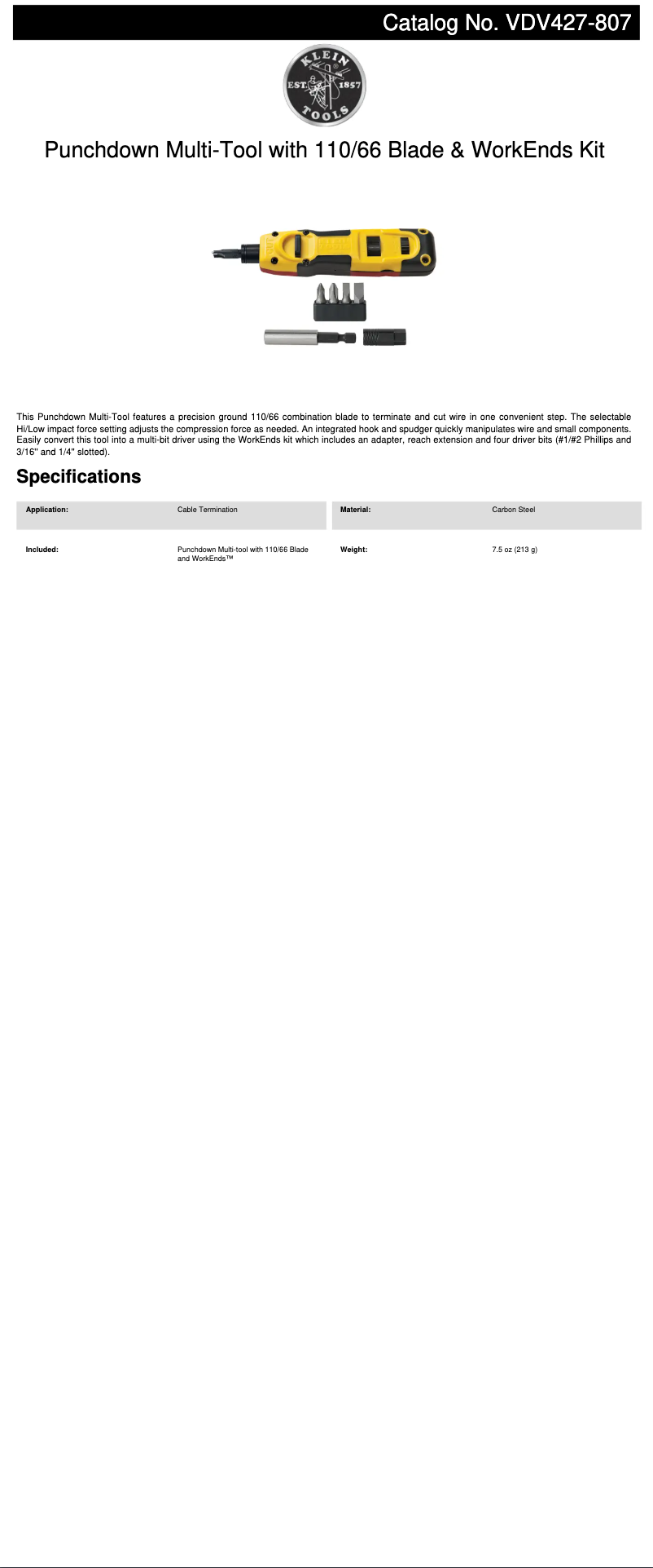 Page 1 de la notice Fiche technique Klein Tools VDV427-807