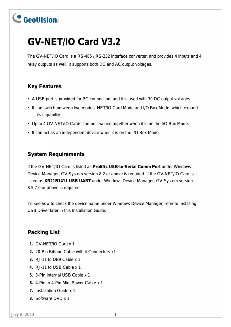 Page 1 de la notice Manuel utilisateur Geovision GV-NET IO CARD V3.2