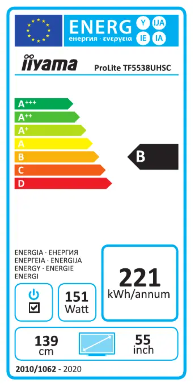 Page 1 de la notice Label énergétique Iiyama ProLite TF5538UHSC-W2AG