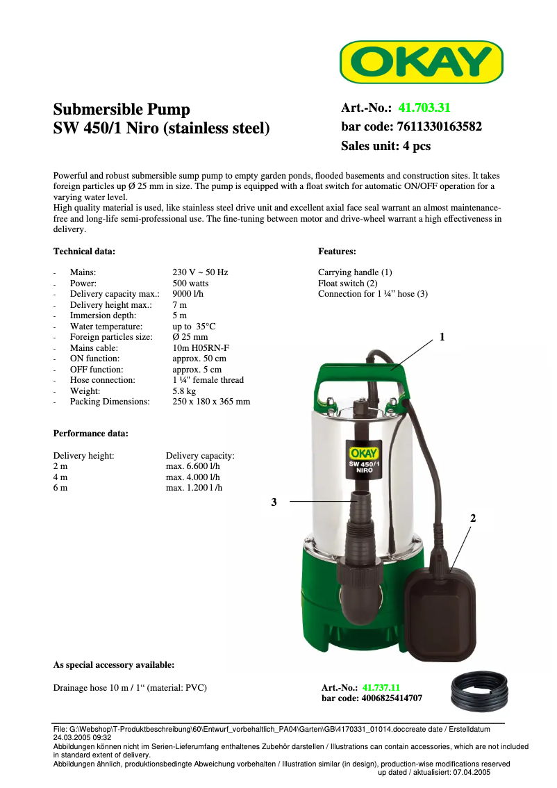 Página 1 del manual Ficha técnica OKAY SW 450/1 Niro