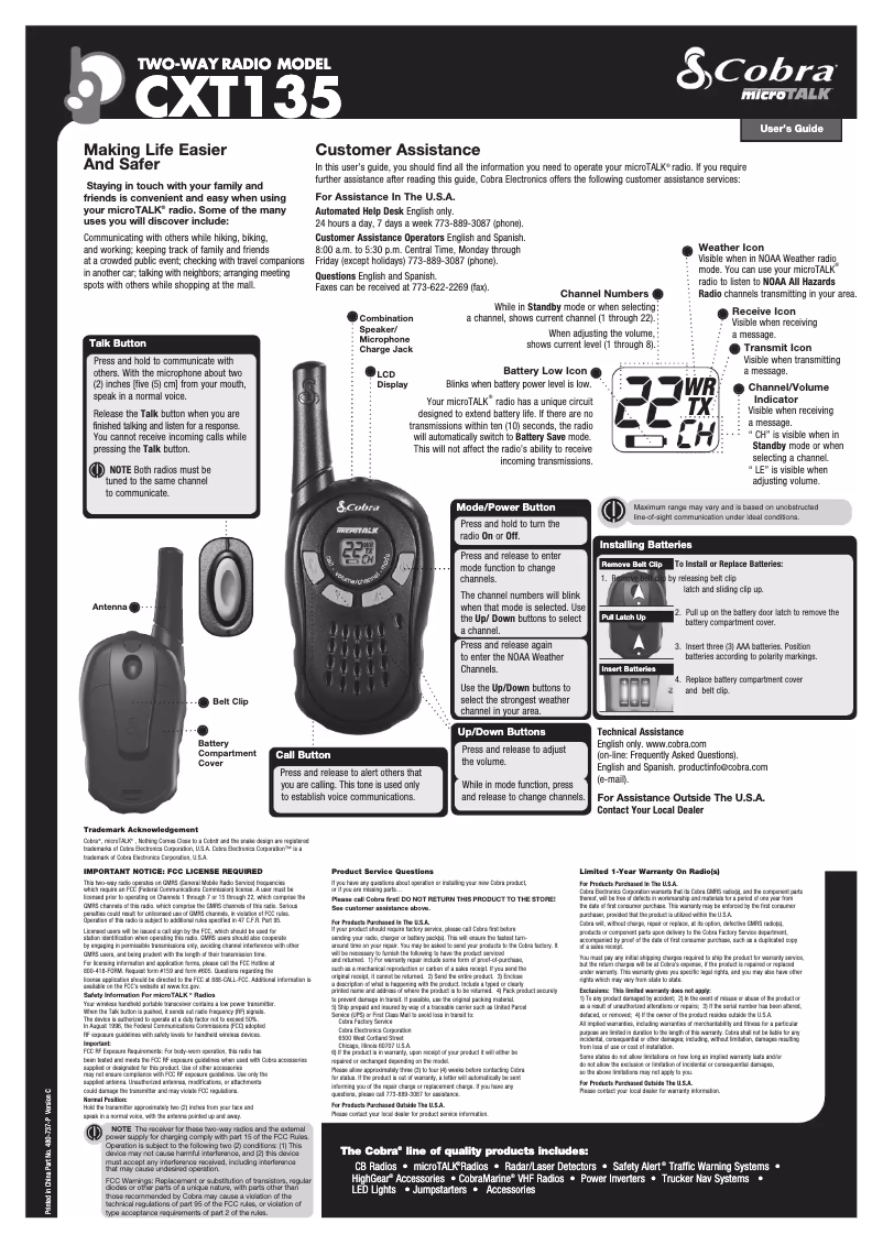 Page 1 de la notice Manuel utilisateur Cobra MicroTalk CXT135