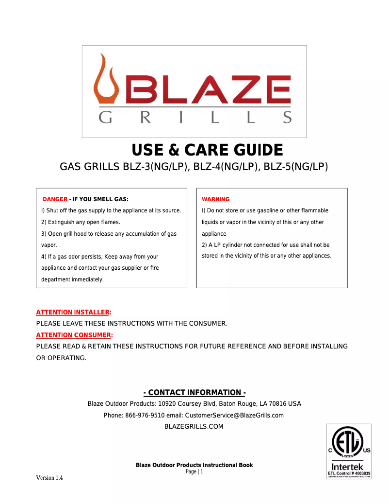 Page 1 de la notice Manuel utilisateur Blaze BLZ-4-NG
