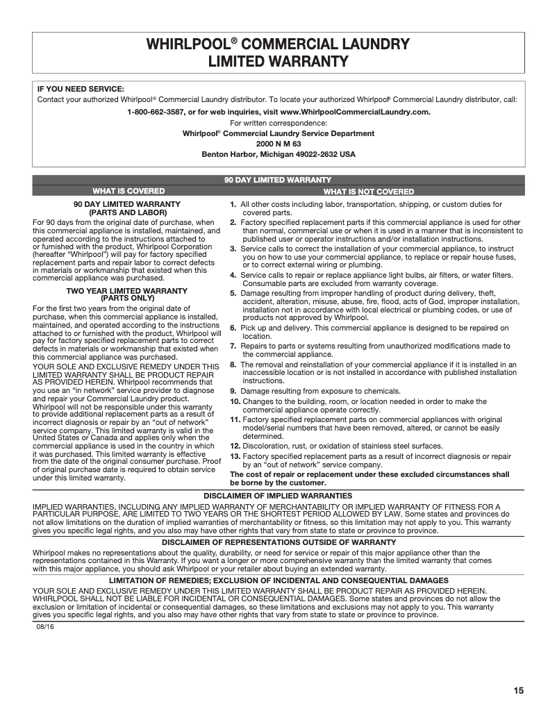 Página 1 del manual Información de garantía Whirlpool CHW9150GW
