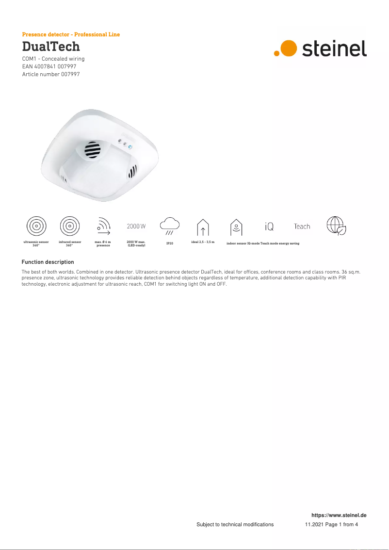 Page 1 de la notice Fiche technique Steinel DualTech COM1