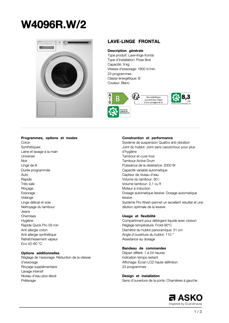 Página 1 del manual Ficha técnica Asko W4096R.W