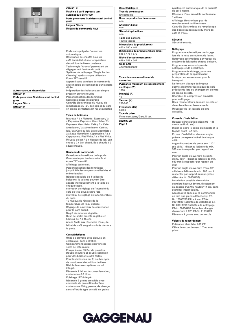 Page 1 de la notice Fiche technique Gaggenau CM450111