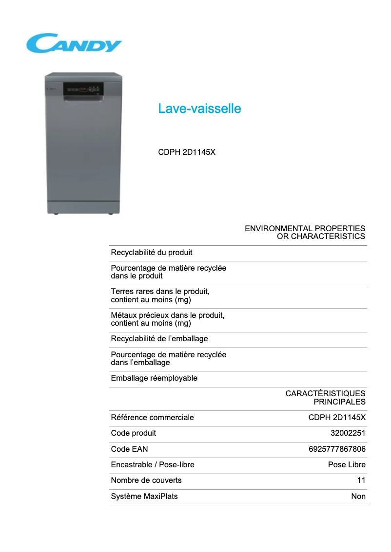 Page 1 of the manual Technical Sheet Candy CDPH 2D1145X