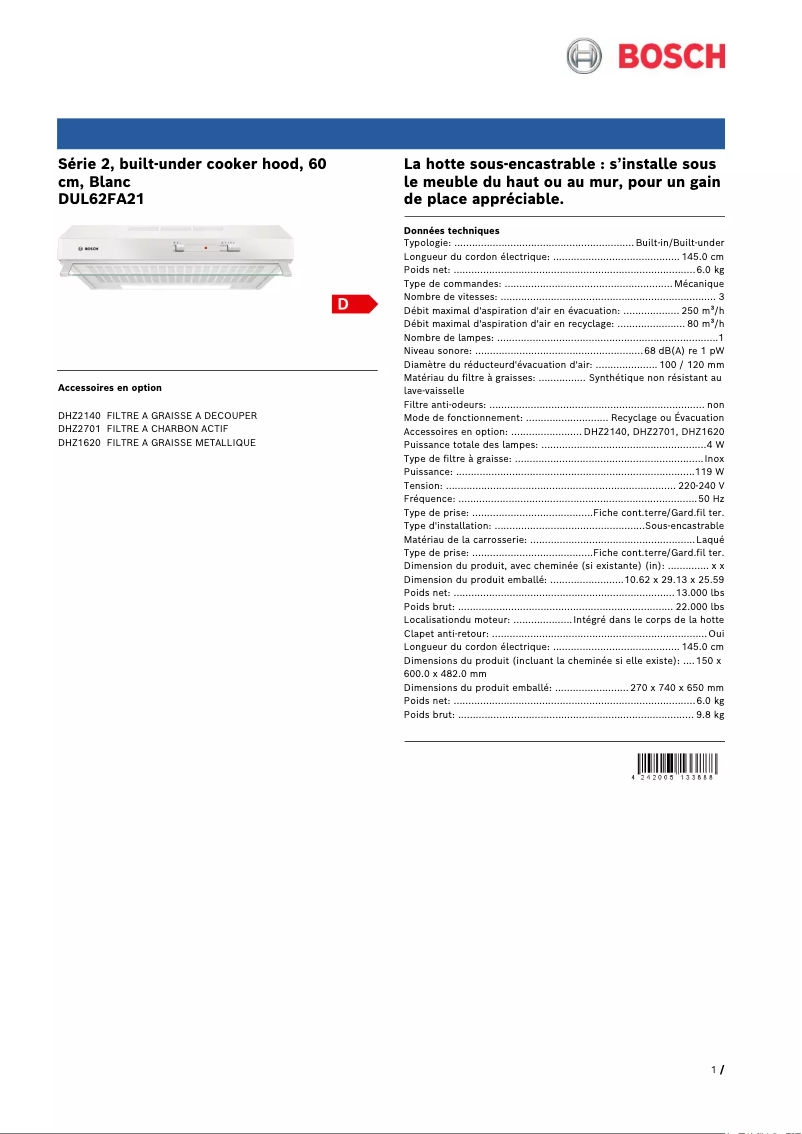 Page 1 de la notice Fiche technique Bosch DUL62FA21
