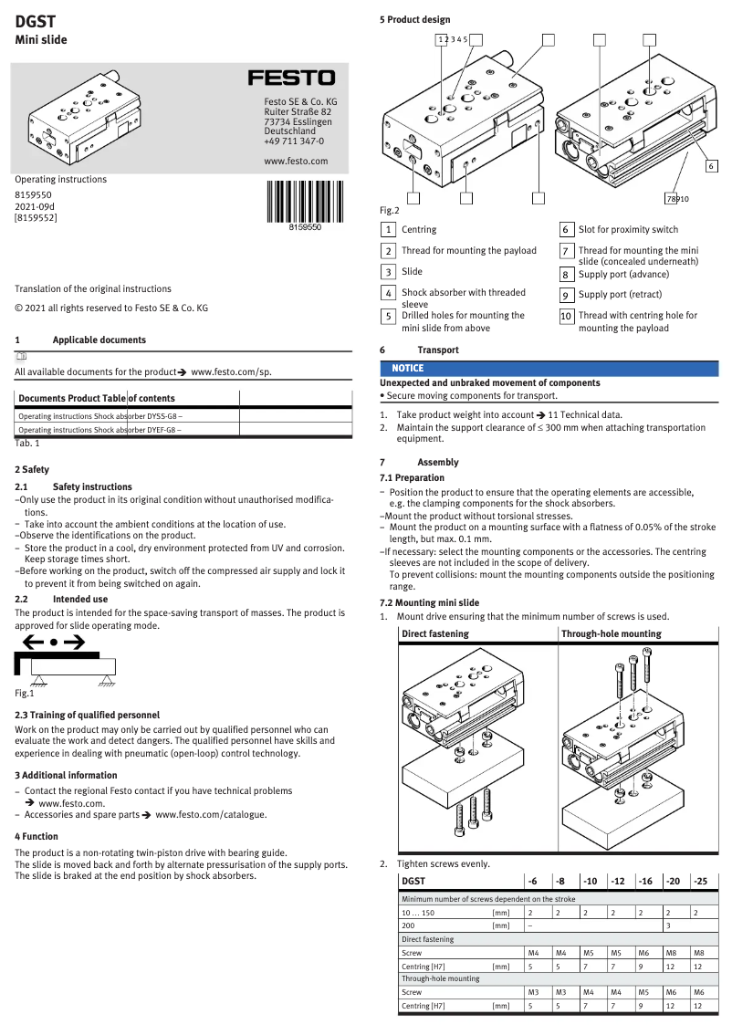 Page 1 de la notice Manuel utilisateur Festo DGST-10-50-PA