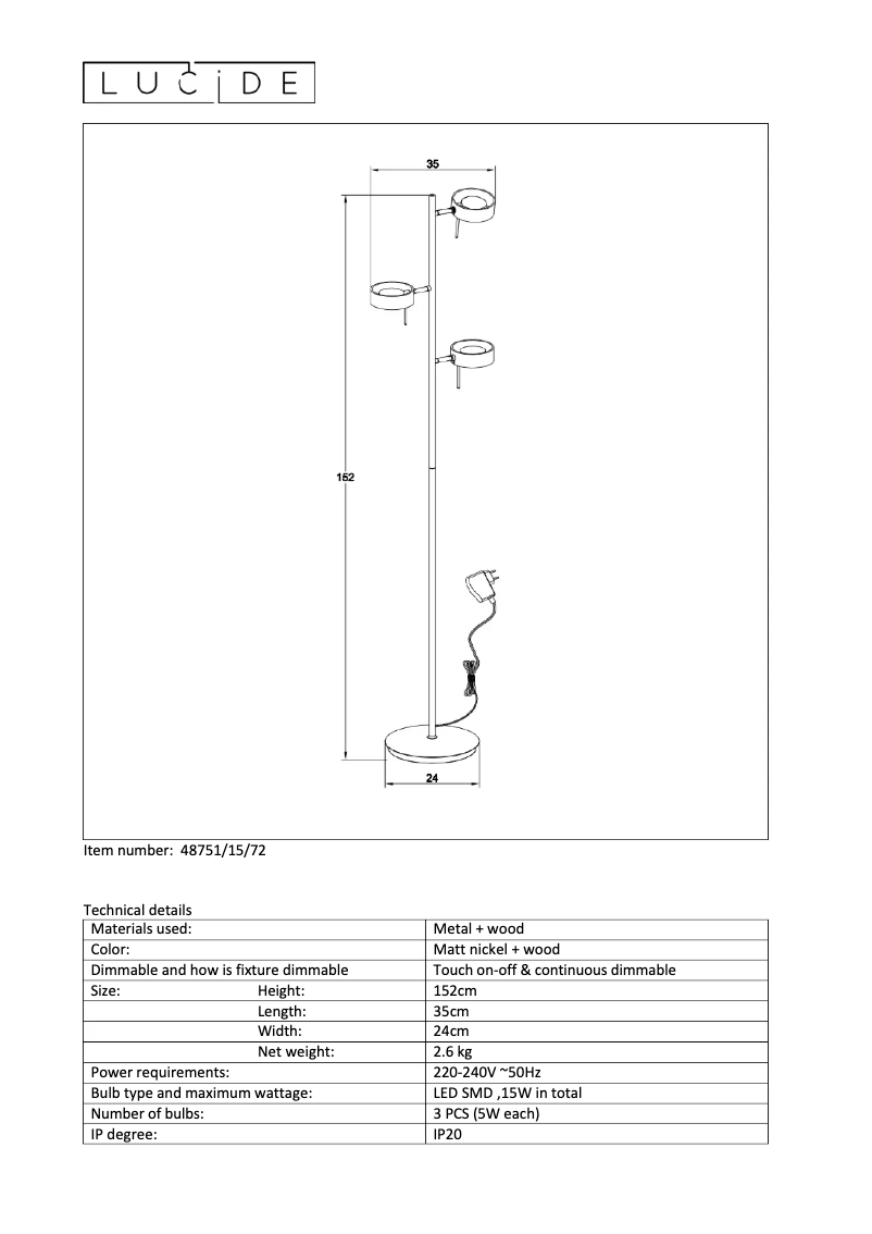 Page 1 de la notice Manuel utilisateur Lucide Enia led 48751/15/72