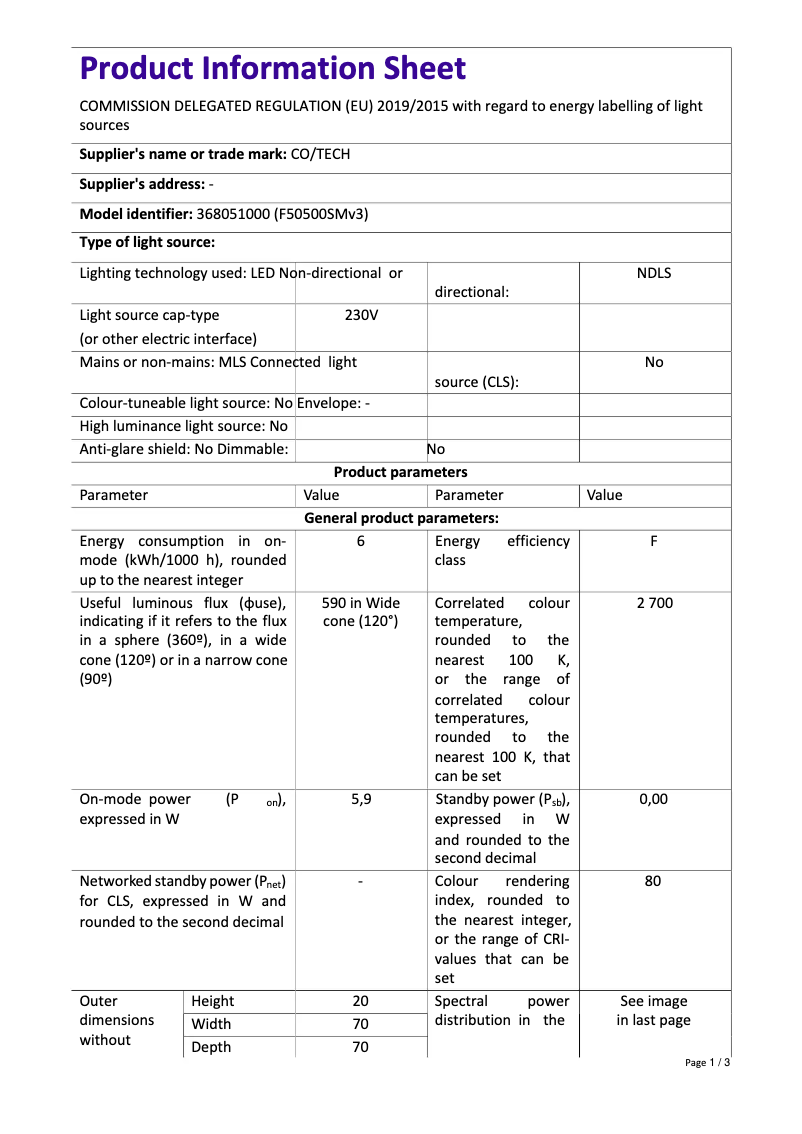 Page 1 de la notice Fiche technique Cotech 36-8051