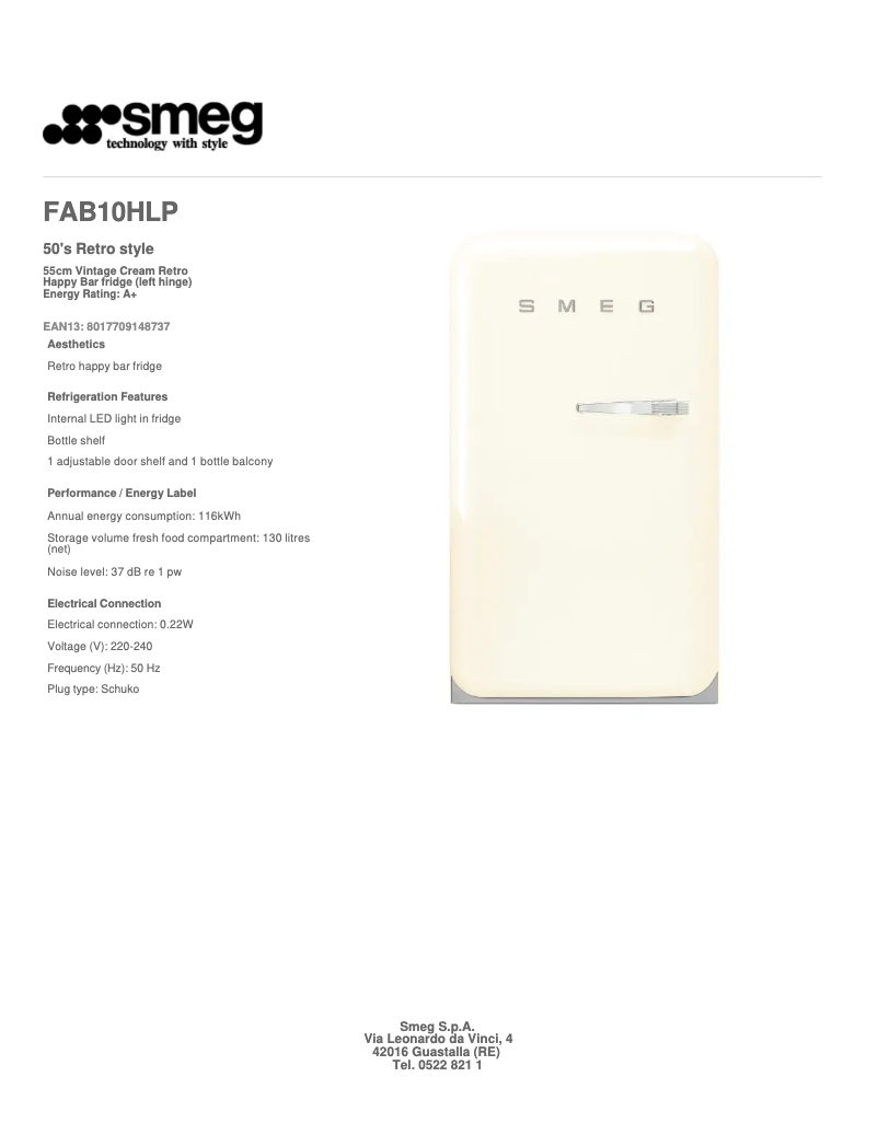 Page 1 de la notice Fiche technique Smeg FAB10HLP