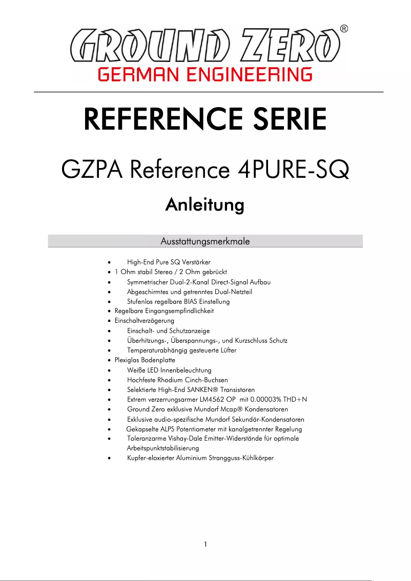 Page 1 of the manual User Manual Ground Zero GZPA Reference 4PURE-SQ