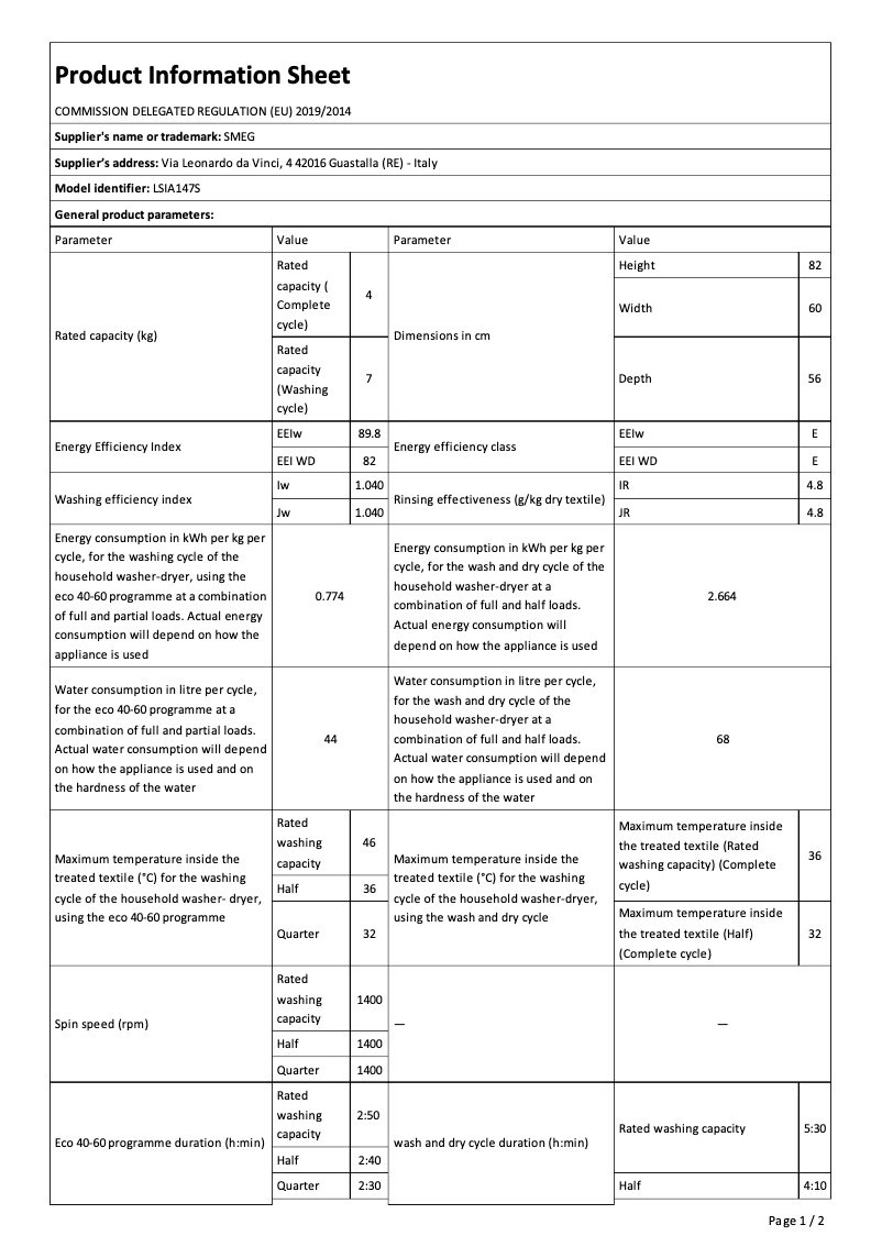 Page 1 de la notice Brochure Smeg LSIA147S