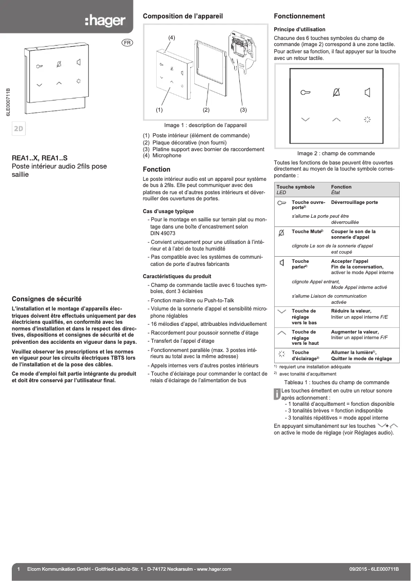 Page 1 de la notice Instructions / montage Hager REA116S