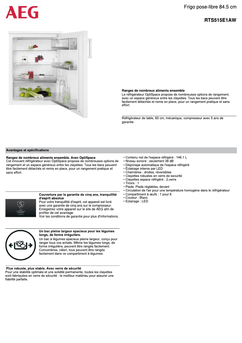 Page 1 de la notice Fiche technique AEG RTS515E1AW