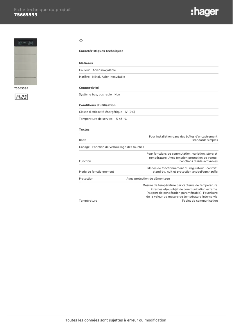 Page 1 de la notice Fiche technique Hager 75665593
