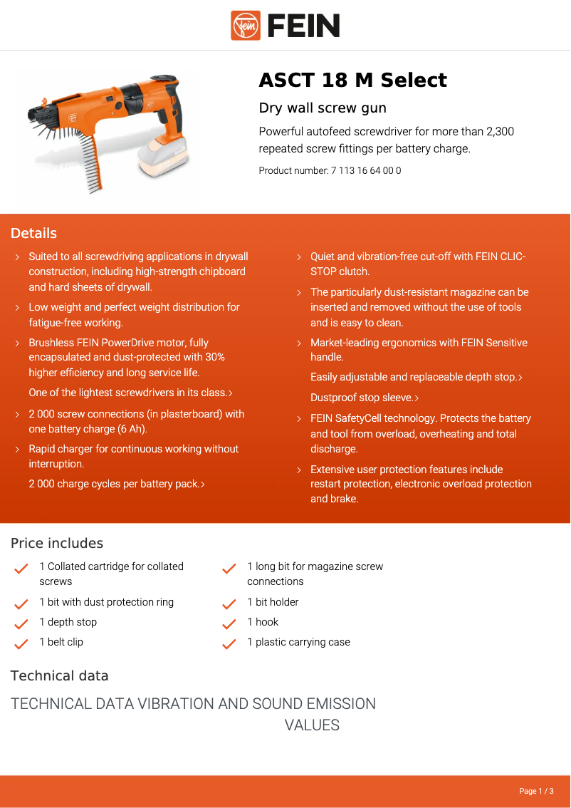 Page 1 de la notice Fiche technique Fein ASCT 18 M Select