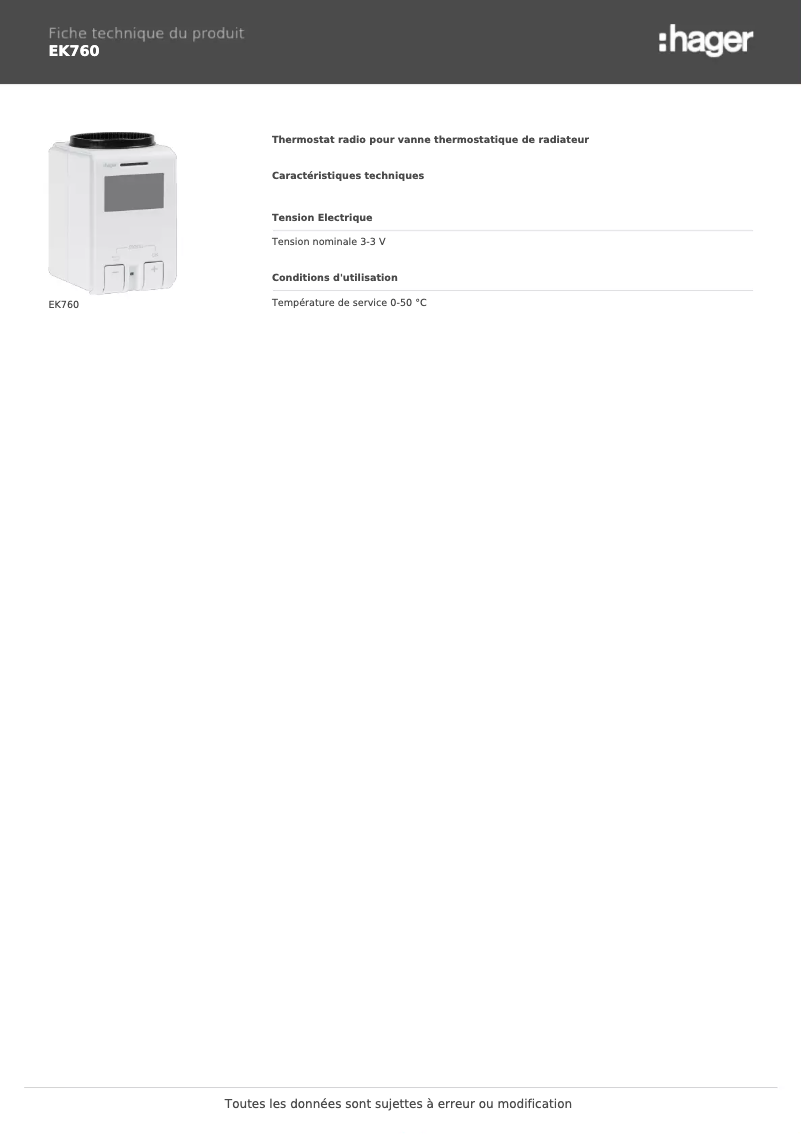 Page 1 de la notice Fiche technique Hager EK760
