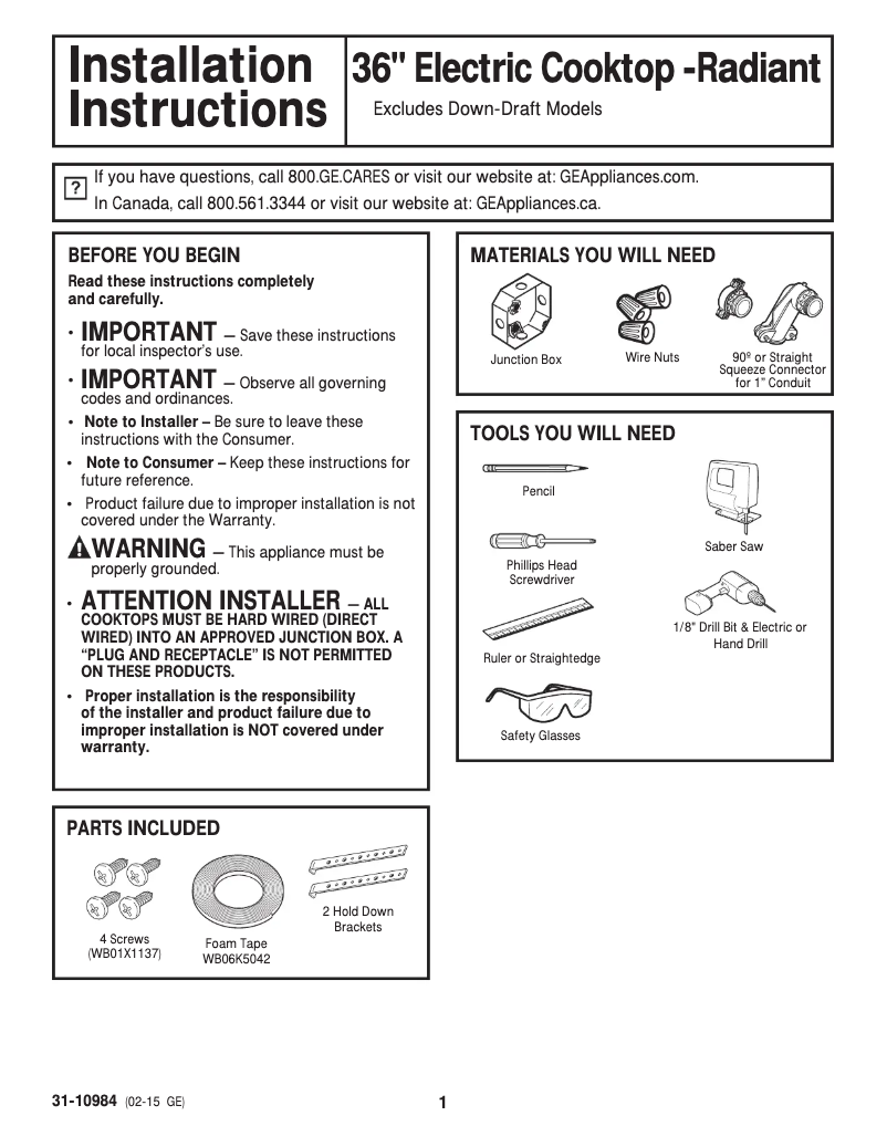 Page 1 of the manual Installation Guide GE JP3536SJSS