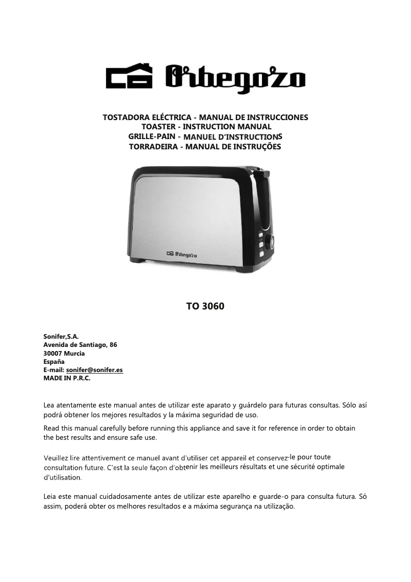 Page 1 de la notice Manuel utilisateur Orbegozo TO 3060