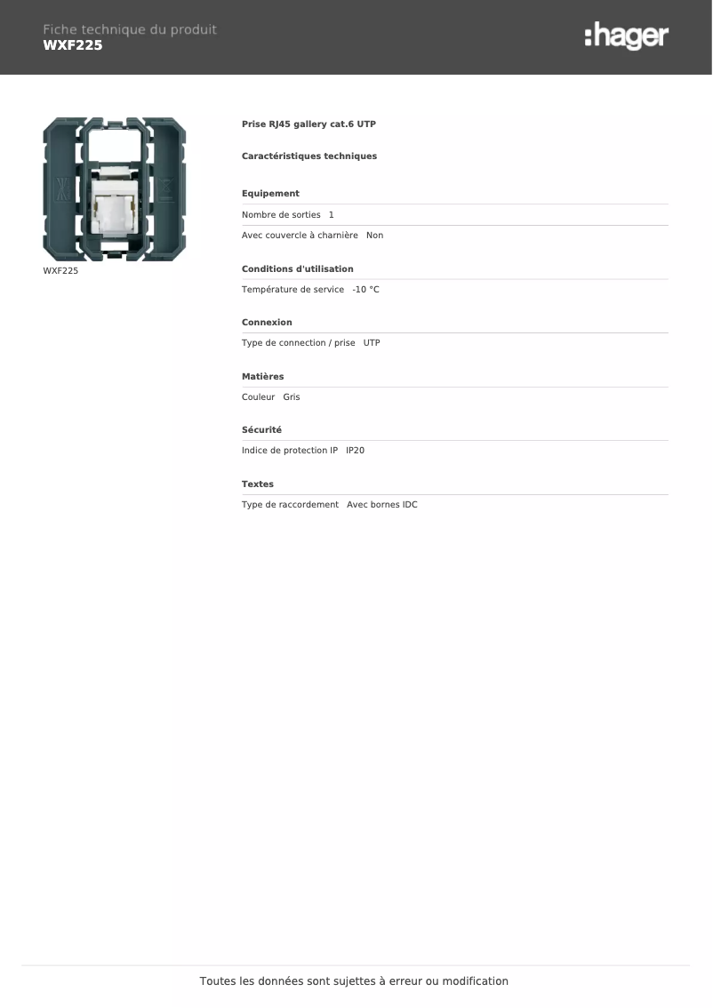 Page 1 de la notice Fiche technique Hager WXF225