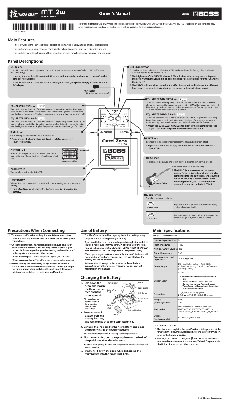 Page 1 de la notice Manuel utilisateur Boss Metal Zone MT-2WÙ