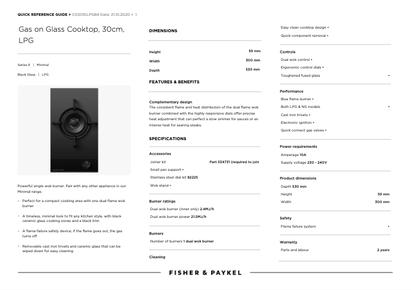 Página 1 del manual Ficha técnica Fisher & Paykel CG301DLPGB4