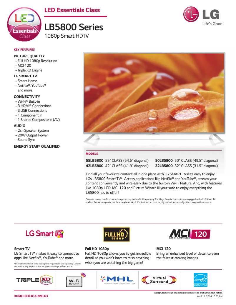 Page 1 de la notice Fiche technique LG 32LB5800