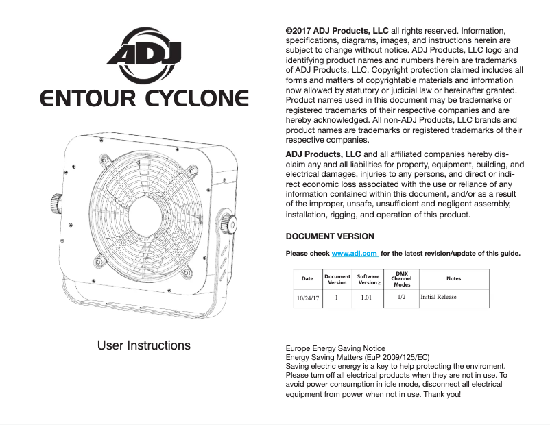 Page 1 de la notice Manuel utilisateur American DJ Entour Cyclone