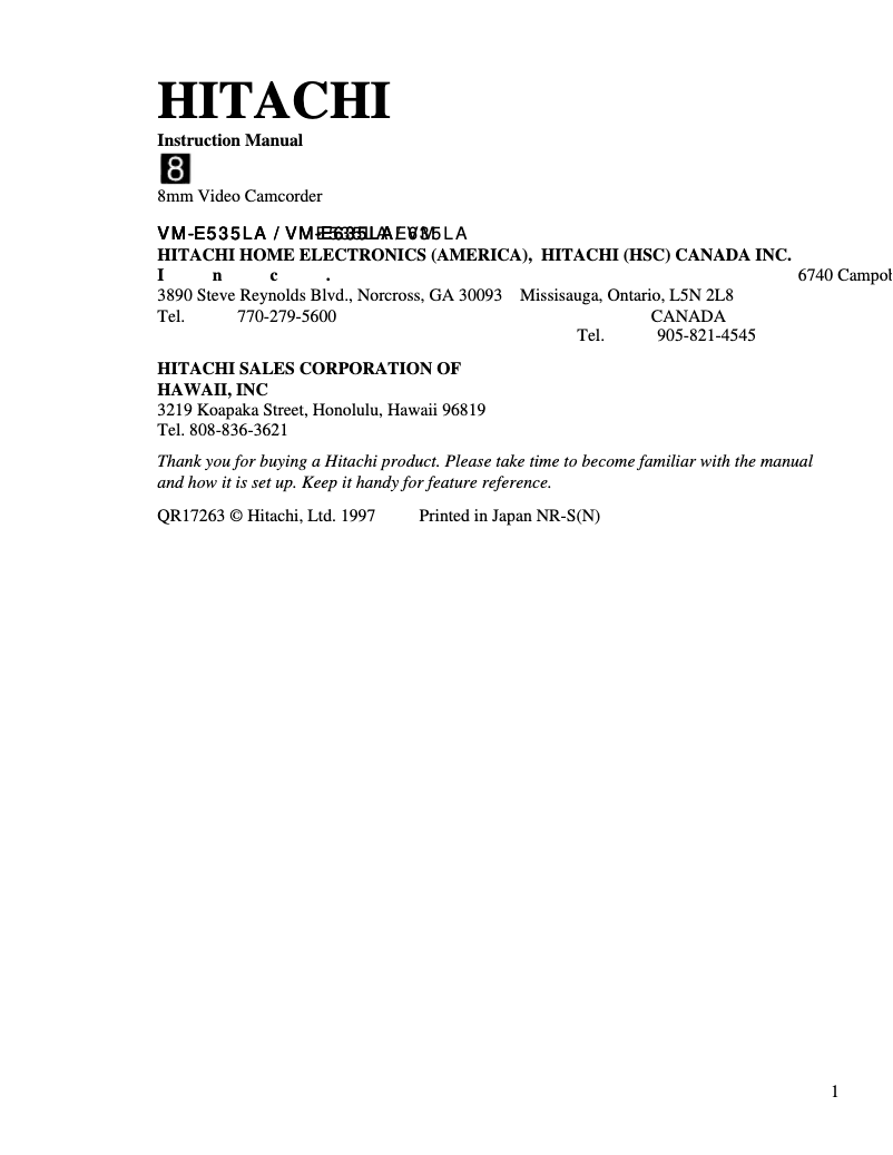 Página 1 del manual Manual de usuario Hitachi VM-E535LA