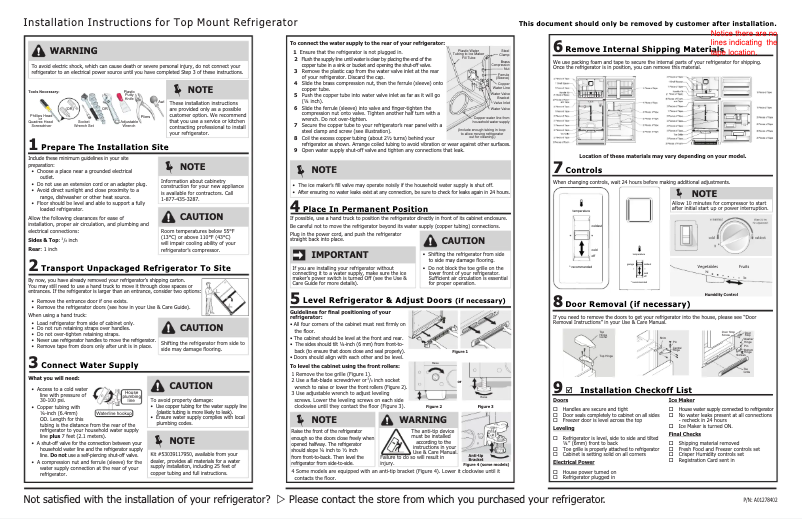 Page 1 de la notice Guide d'installation Frigidaire FFTR1621QW