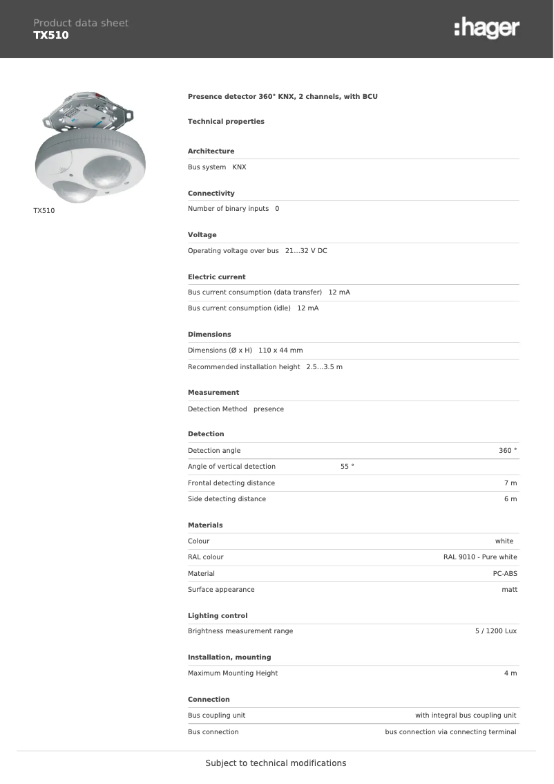 Page 1 of the manual Technical Sheet Hager TX510