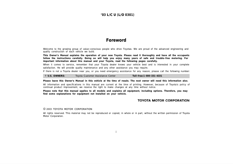 Page 1 de la notice Manuel utilisateur Toyota Land Cruiser (2003)