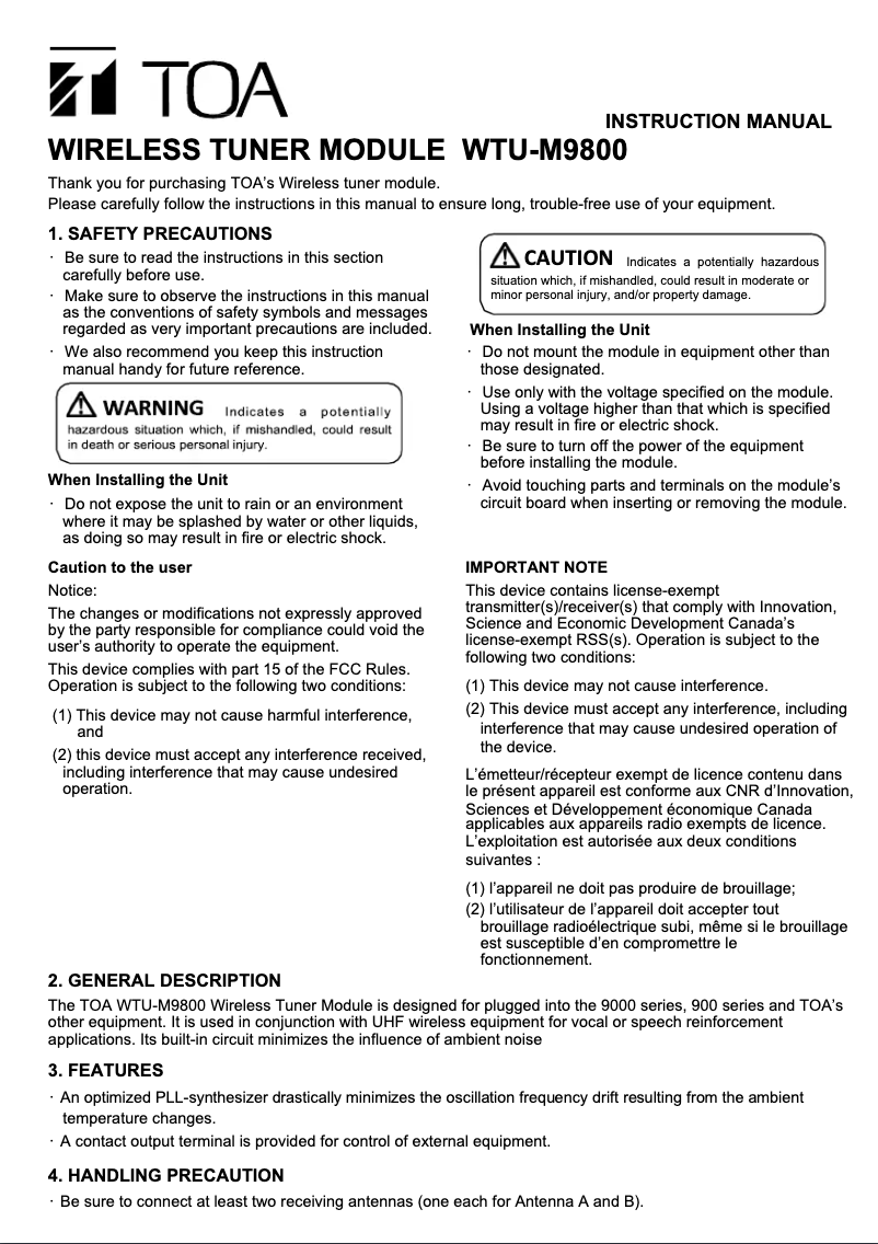 Page 1 de la notice Manuel utilisateur TOA WTU-M9800
