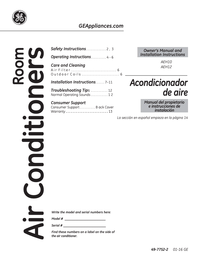 Página 1 del manual Manual de uso y mantenimiento GE AEH12AT