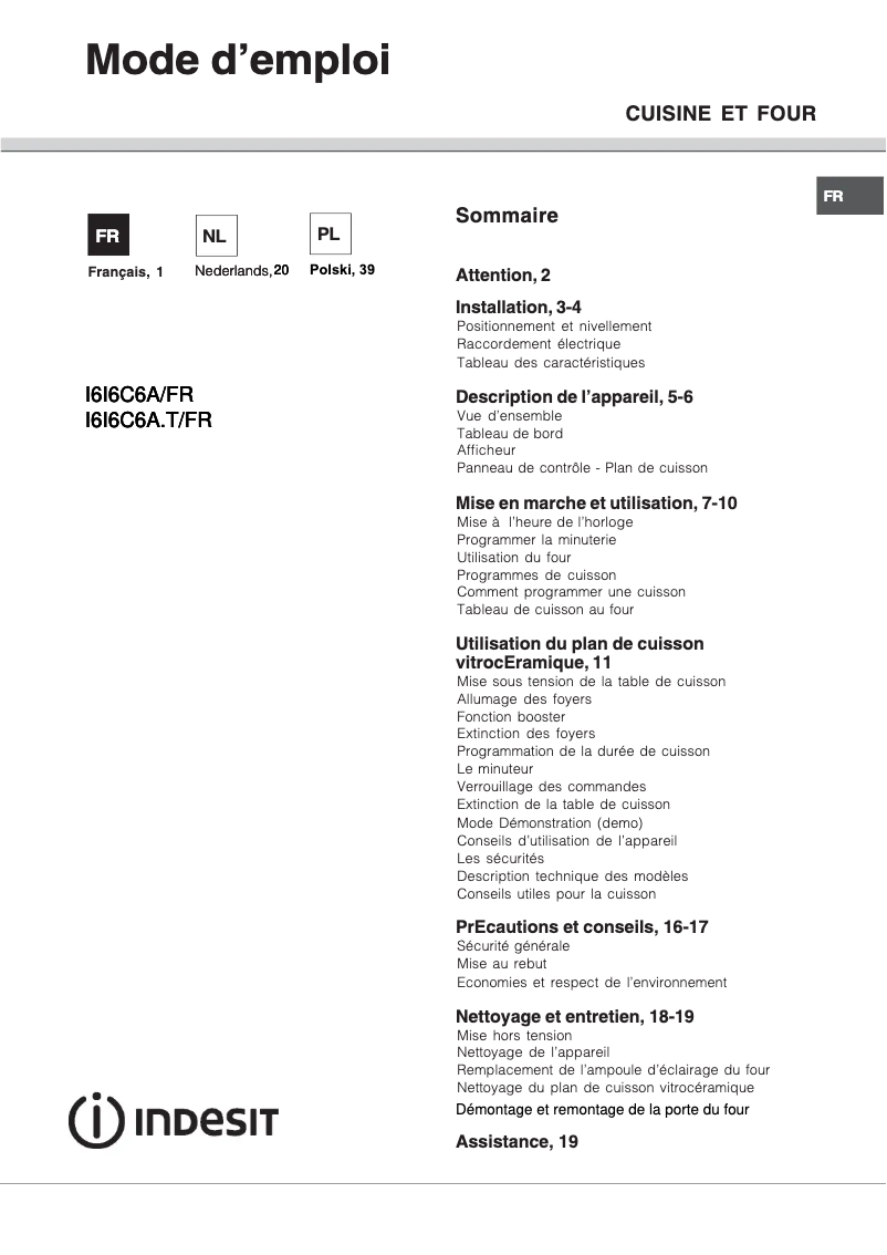 Page n°1 - Manuel utilisateur Indesit I6I6C6A.T(X)/FR