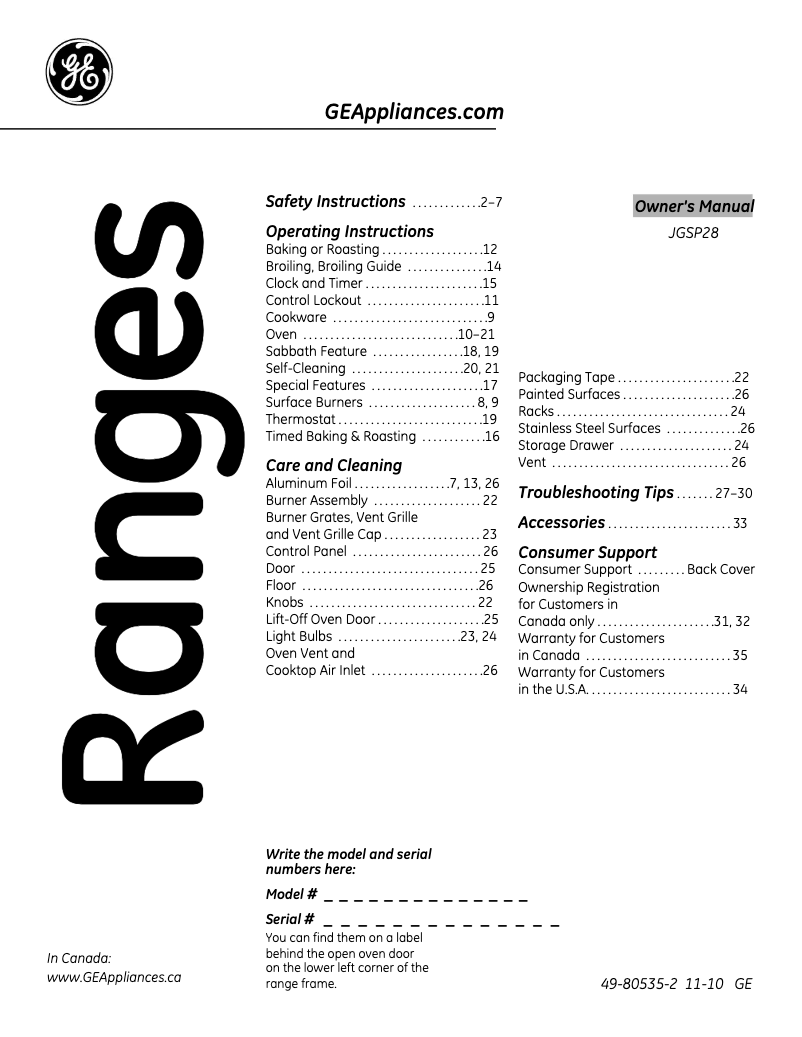Página 1 del manual Manual de uso y mantenimiento GE JGSP28DENCC